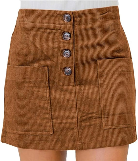 Women High Waist Soft Faux Suede Button Down Skirt Slim Back Zip Side Pocket Mini Skirts