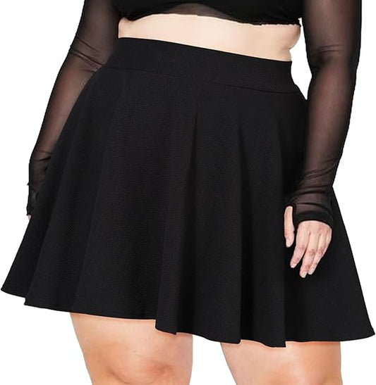 Wood Women's Plus Size Mini Skater Skirt- Basic Versatile High Waisted Flared Casual Stretchy Skirts