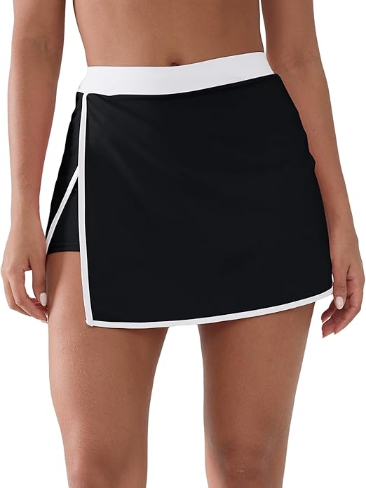 Women's Athletic Skort with Built-in Shorts -Tennis Skirt with Pockets, High Waisted Side Slit Yoga Skirt with Trim