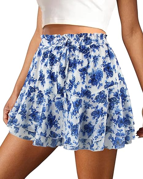 Mini Skirts for Women 2025 Casual Boho Floral Skorts Layered Hem A-Line Tennis Chiffon Shorts